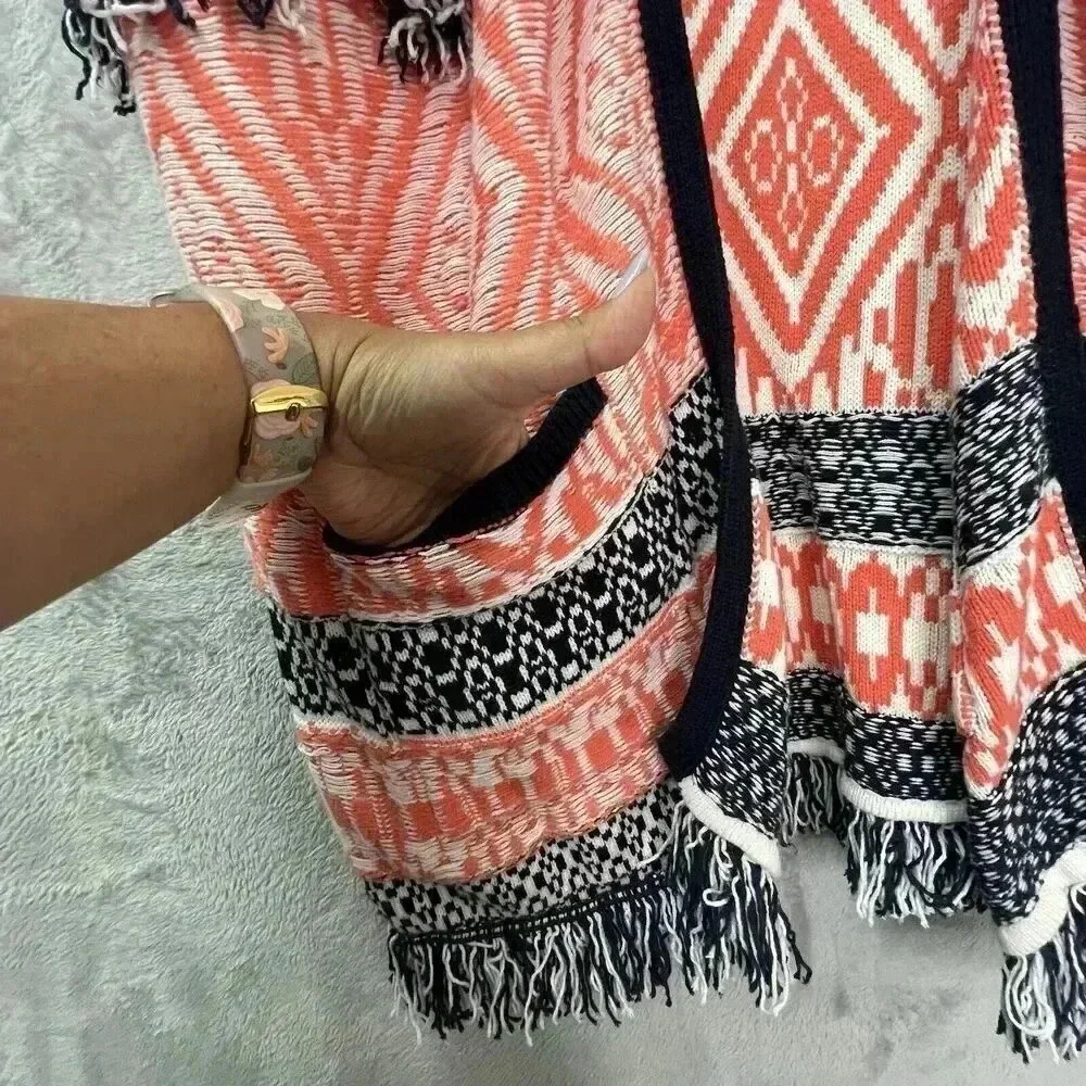 Lucky Brand Fringe Jacquard Cardigan Sweater Vest Sz M Orange Black Aztec‎